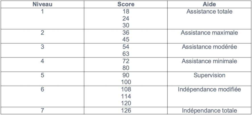 Tableau de cotation et normes de la MIF évaluant le niveau d'aide nécessaire